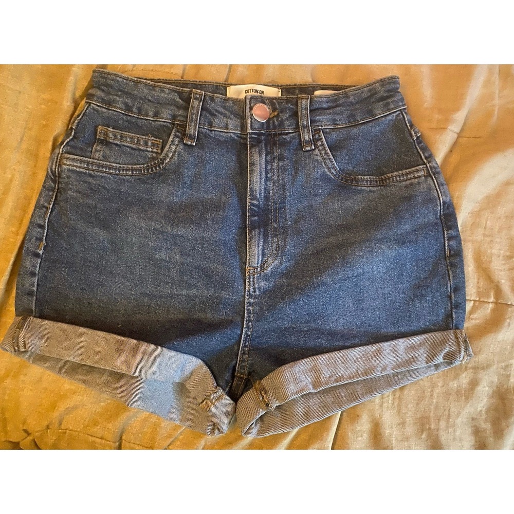 Cotton On Women's Blue Denim High Rise Cuffed Shorts Size 6 5-Pocket